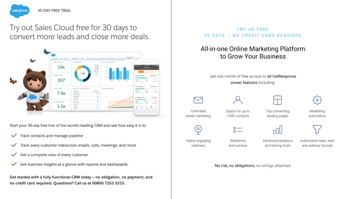 How SalesForce and GetResponse explain their free trial